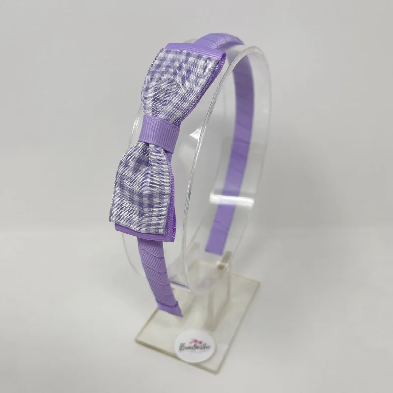 3 Inch Flat Bow Alice Band - Lilac Gingham