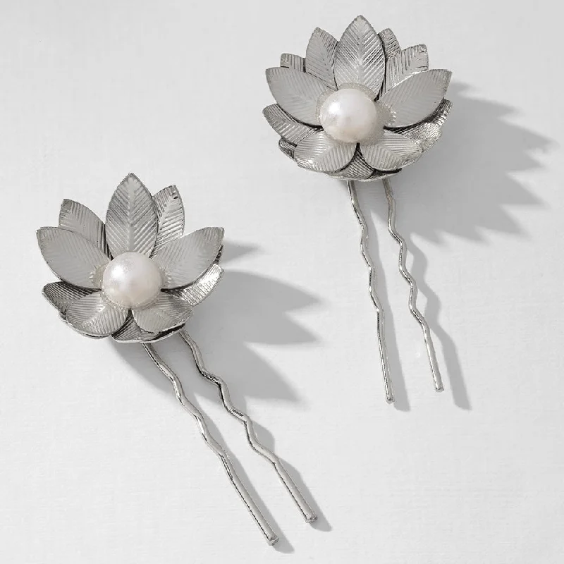 Set of 2 Floral Pearl U Pins - Silver