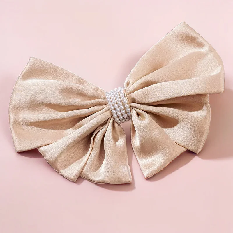 Satin Pearl Hair Bow Alligator Clip - Latte