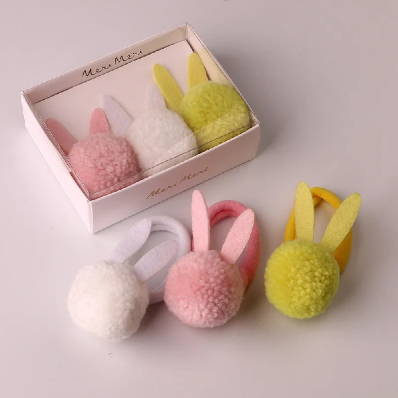 Wholesale Multicolor Plush Ball Rabbit Ears Hair Ties Set of 3