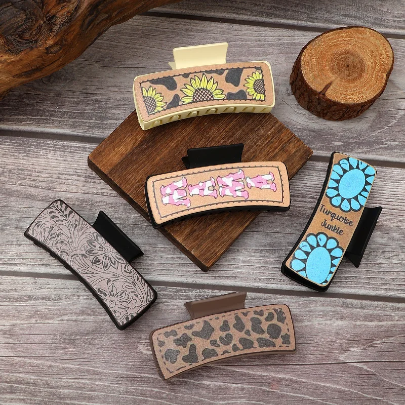 Wholesale Western Wind Sunflower Cow Pattern MAMA Leather Hair Clips