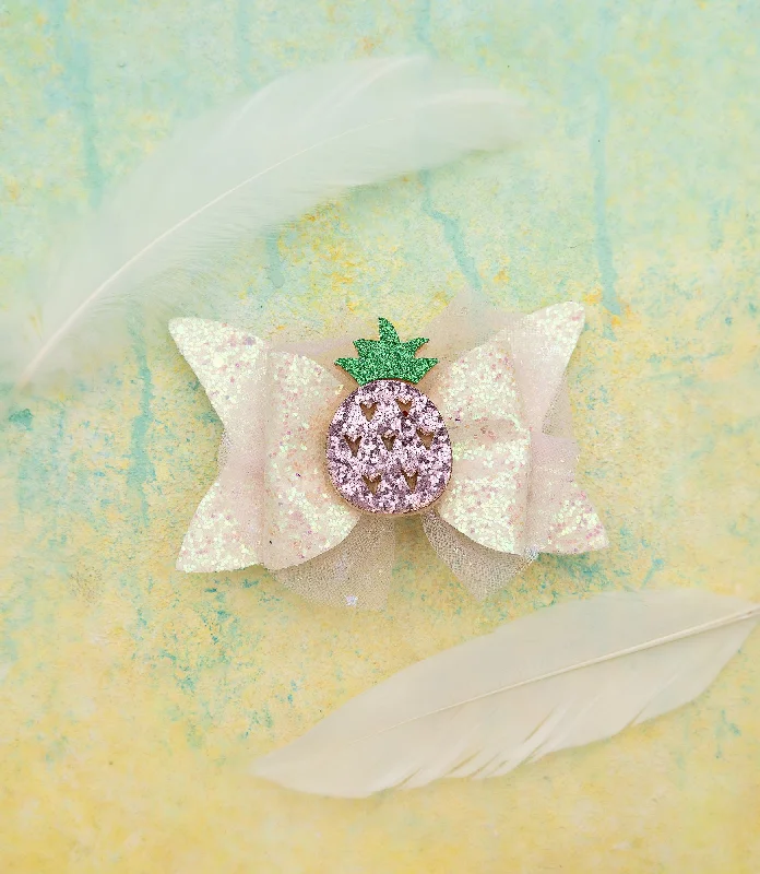 Girls Glitter Bow Alligator Hair Clip with Pineapple Applique- White