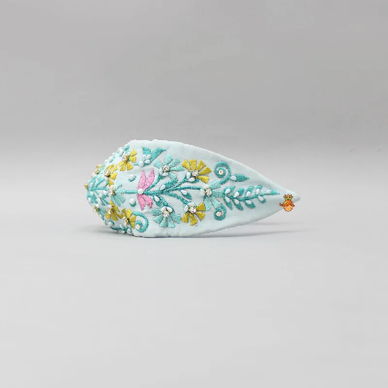 Floral Embroidered Blue Hairband