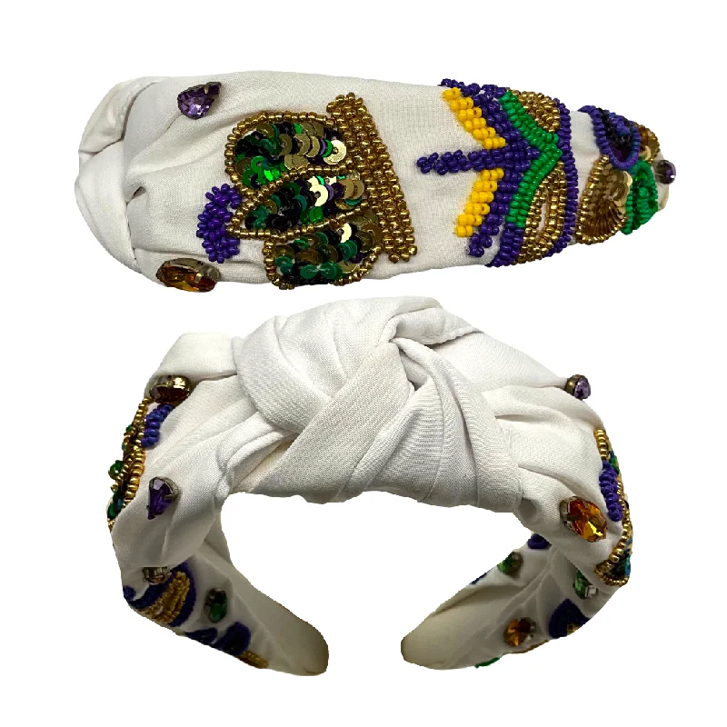 White Mardi Gras Theme Beaded Knot Headband (Each)