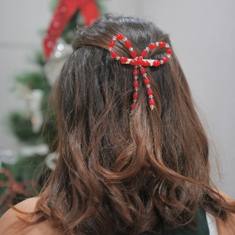 Embellished Pearl & Crystal Beads Hair Bow Alligator Clip - Red