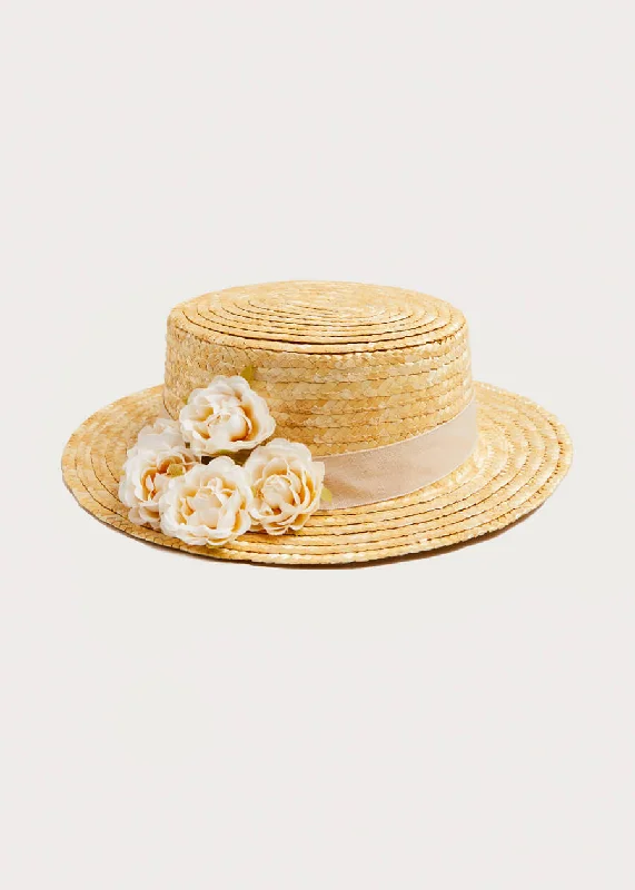 Faux Flower Straw Boater Hat With Ivory Flower (S-M)