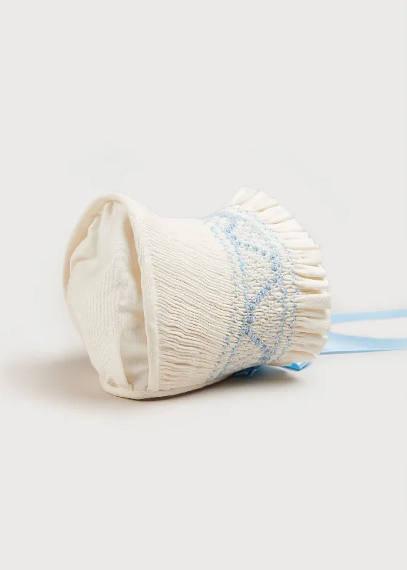 Off White and Blue Hand Smocked Baby Bonnet