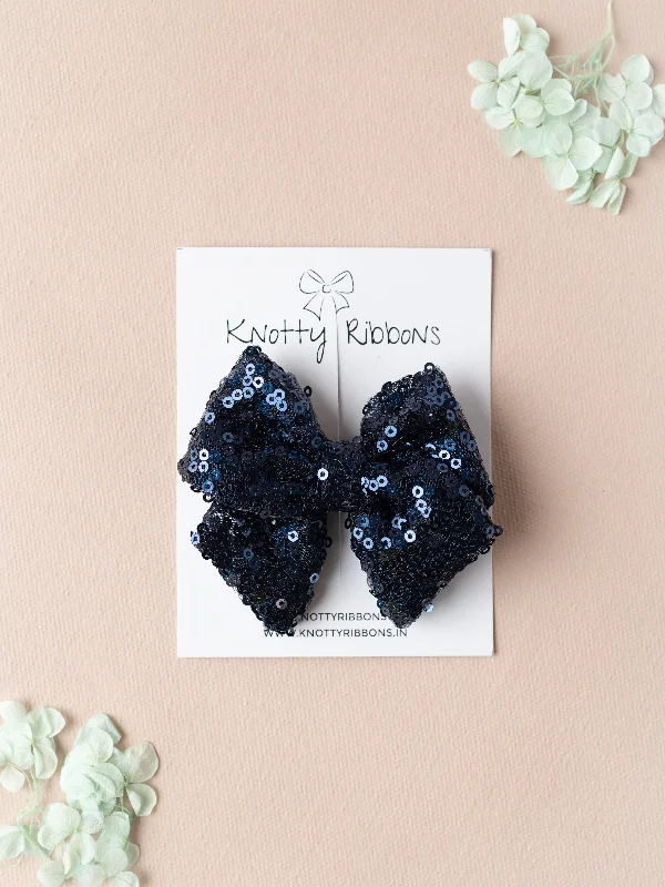 Sequined School Bow Alligator Hair Clip- Dark Blue