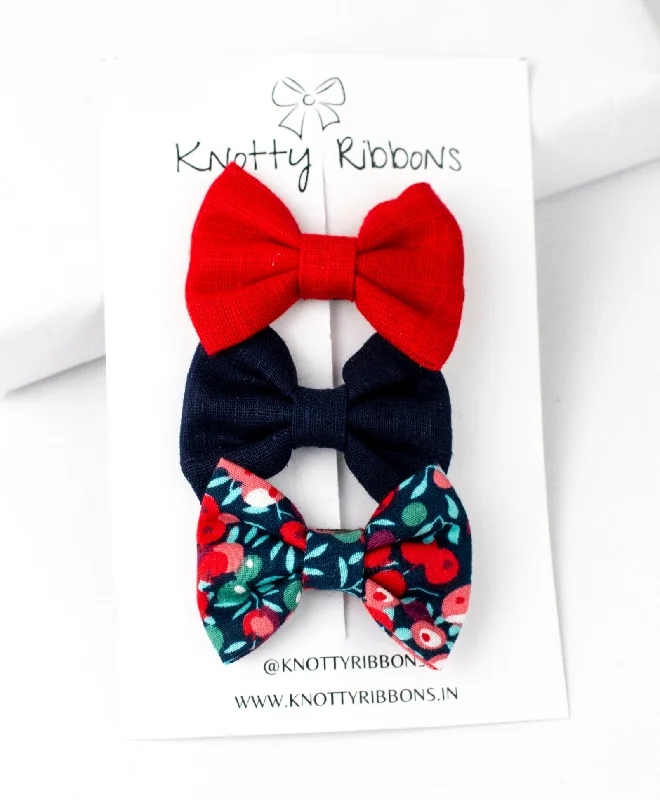 Mini Bow Hair Clips Set - Red & Dark Blue