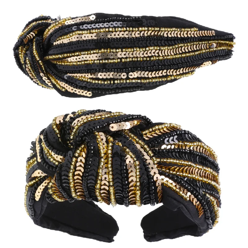 Black and Gold Team Stripe Sequin Knotted Headband (Each)