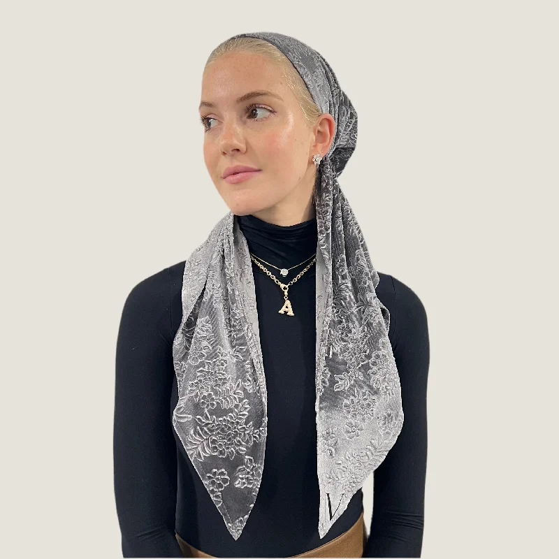 Light Gray Velvet Floral Pre-Tied Scarf