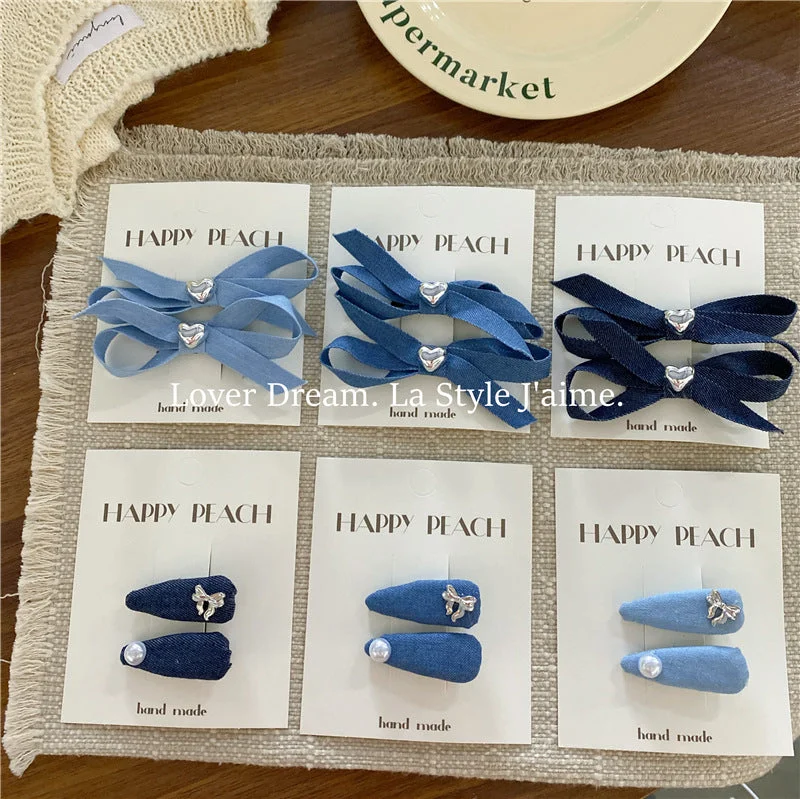 Wholesale Silver Love Blue Denim Bow Hair Clip