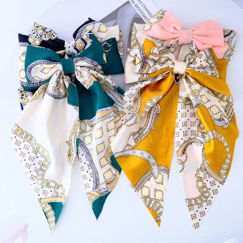 Wholesale Floral Ribbon Bow Long Silky Fabric Spring Clip