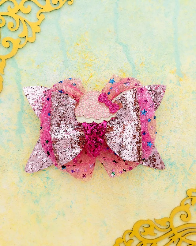 Girls Glitter Bow Alligator Hair Clip with Ice Cream Applique- Pink