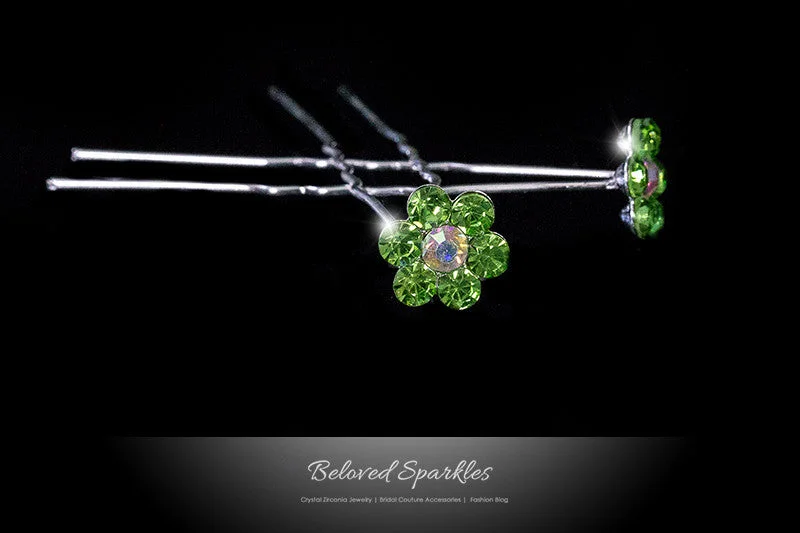 Stella Peridot Green Flower Hair Stick Pin | Rhinestone