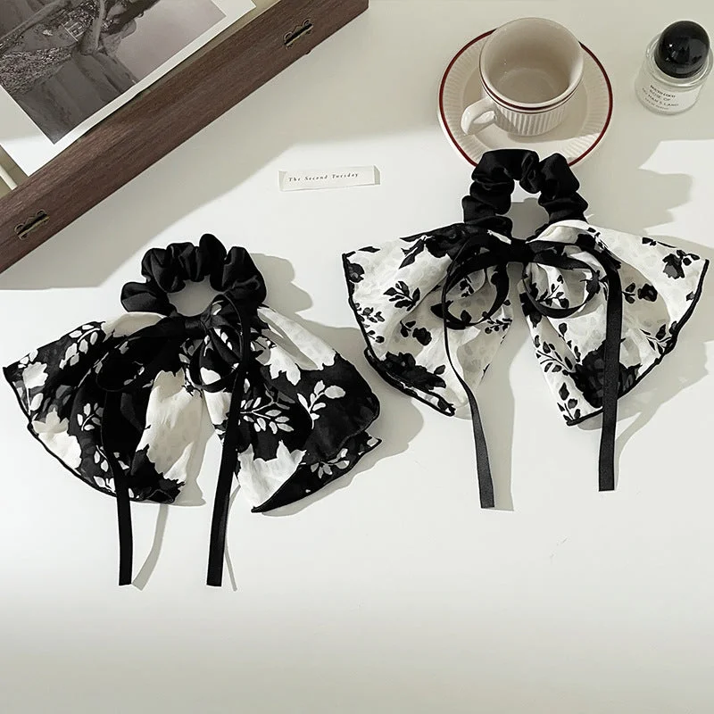 Wholesale Black and White Floral Bow Fabric Large Intestine Hair Tie